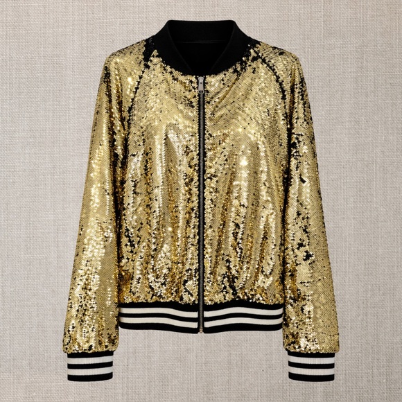 Dolce Cabo Black + Gold Sequin Women's Zipup Jacket - Picture 1 of 6